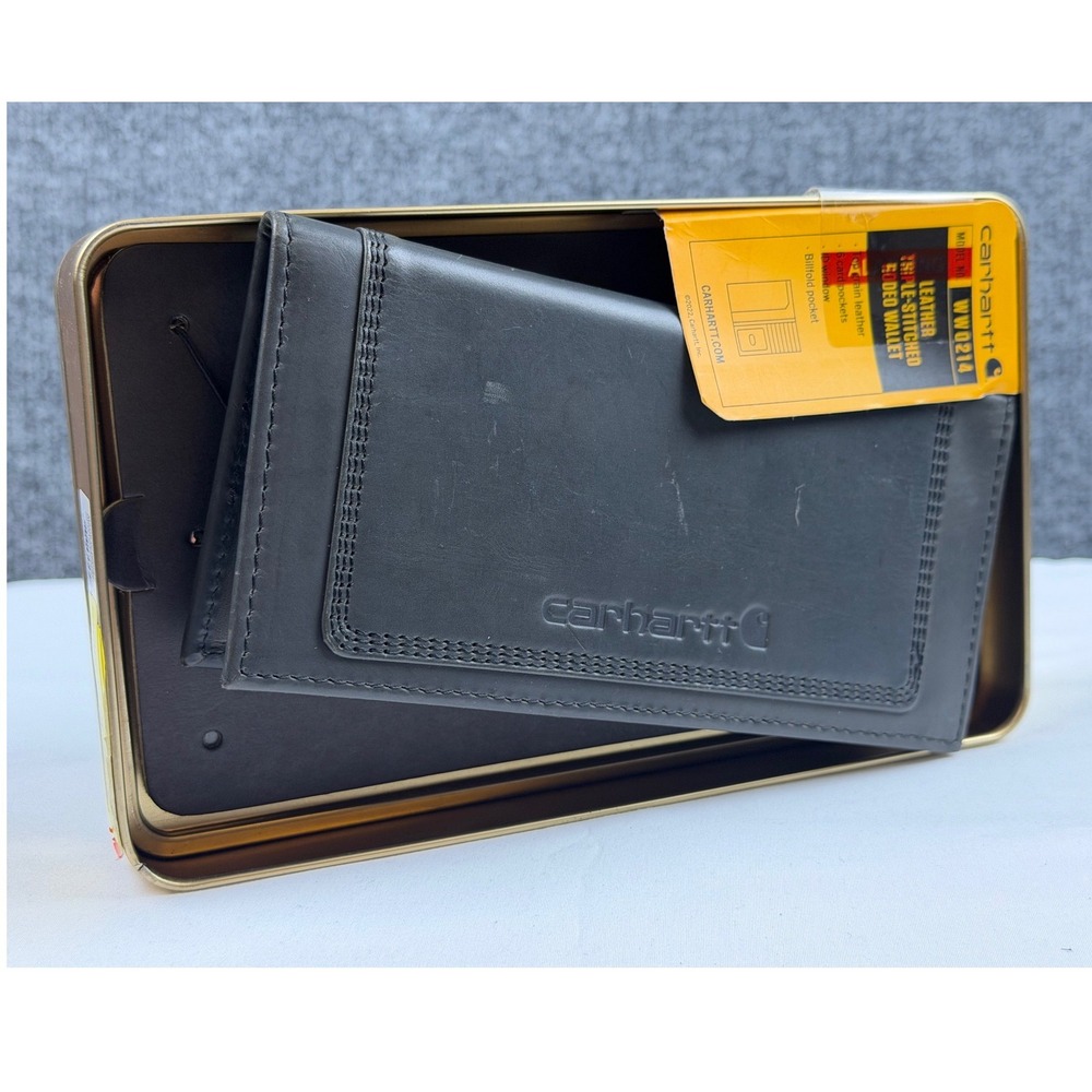 NEW Carhartt Mens Black Leather Triple Stitched Rodeo Wallet WW0214 w/ Tin Gift